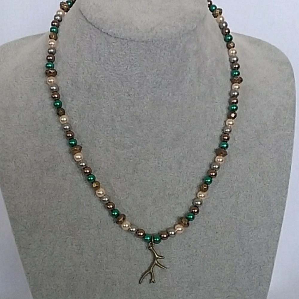 Antler charm and camo beaded necklace